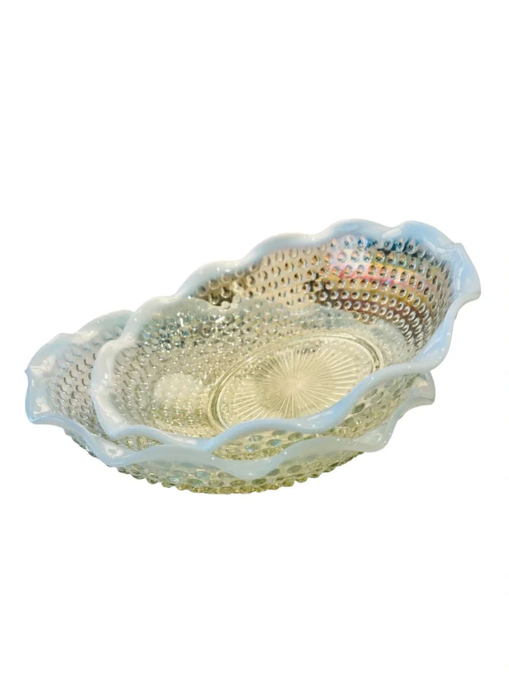 Anchor Hocking Moonstone Opalescent Hobnail Ruffled Serving Bowls Set of 2 9.5”